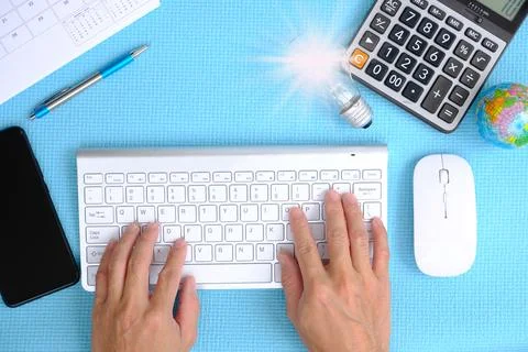 Businessman working on computer with idea innovation and inspiration concept Stock Photos