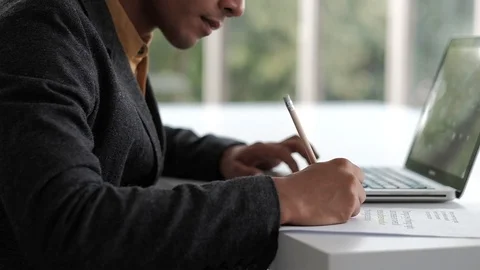 Businessman Working on Computer Laptop on Table in Office. Cropped Image.Slow Stock Footage 103805114