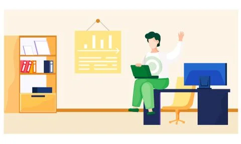 Businessman working at the computer. Man looking at the laptop screen and raises Stock Illustration