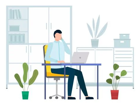 Businessman working at the computer. Man looking at the laptop screen talking on Stock Illustration