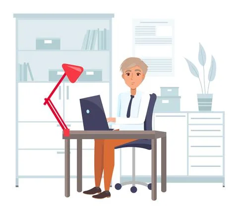 Businessman working at the computer. Man looking at the laptop screen typing on Stock Illustration