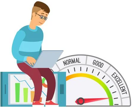Businessman working with computer near scale from low to high. Software 스톡 일러스트