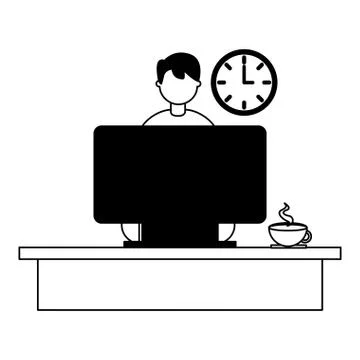 Businessman working computer office coffee cup Illustrazione stock