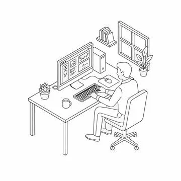 Businessman working on computer, office workspace, isometric illustration S.. Illustrazione stock