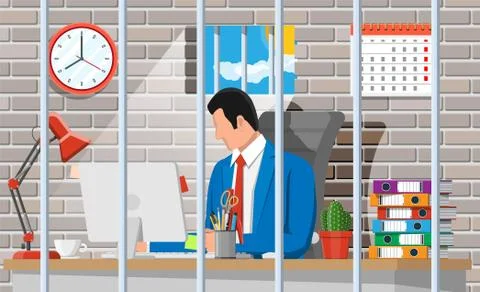 Businessman working on computer in the prison cell Stock Illustration