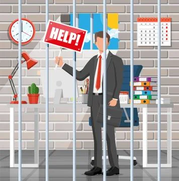 Businessman working on computer in the prison cell Stock Illustration