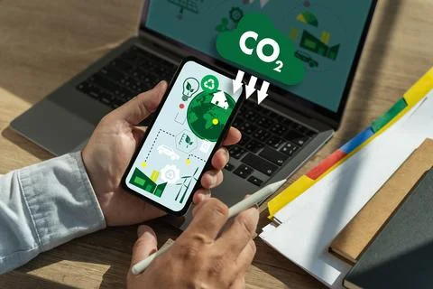 Businessman working computer to reduce CO2 depicting the issue of carbon di.. Foto stock