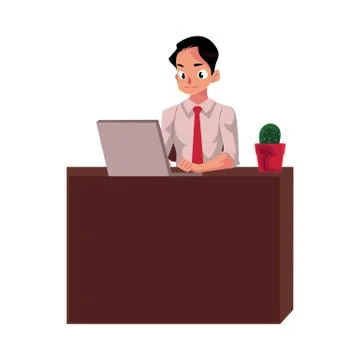 Businessman working on computer, sitting in office, looking at monitor Stock Illustration