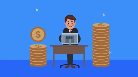 Businessman working on computer surrounded by growing stacks of golden coin.. Stock-Footage 339081293
