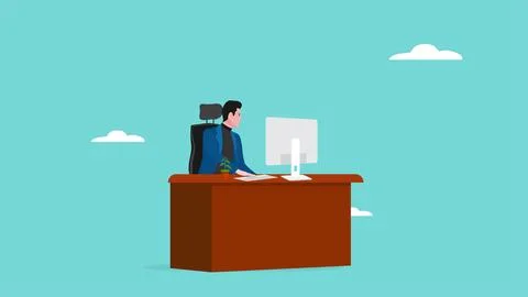 Businessman working with computer at work desk concept vector illustration 스톡 일러스트