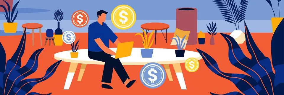 Businessman working in creative co-working center young man freelancer using 스톡 일러스트