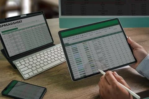 Businessman working with data and graphs in spreadsheet documents for onlin.. Stock Photos