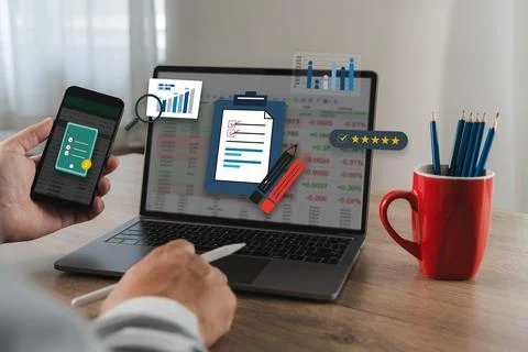 Businessman working with data and graphs in spreadsheet documents for onlin.. Stock Photos