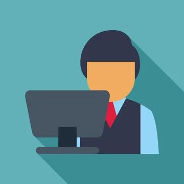 Businessman working on desktop computer icon flat style Stock Illustration