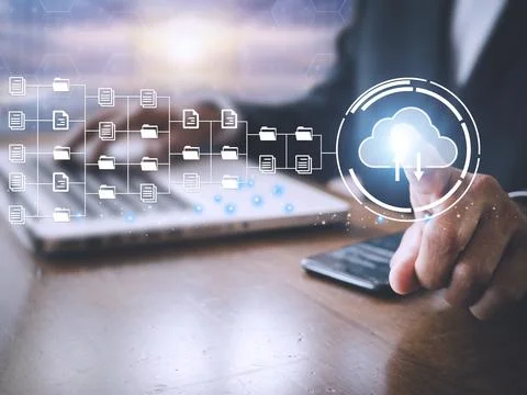 Businessman working with digital document on virtual screen. Database save to Stock Photos