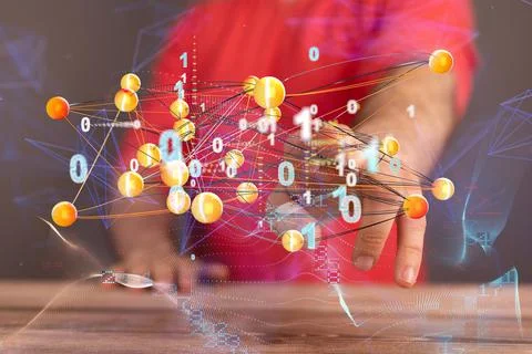 Businessman working on a digital render of a connected network of binary code Stock Photos