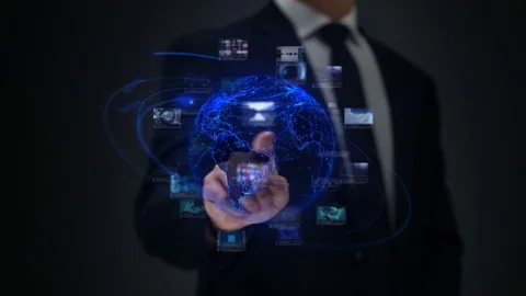 Businessman working on a futuristic holographic interface. Servers. Stock Footage