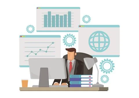 Businessman working on his computer with chart and diagram on his work desk. Stock Illustration