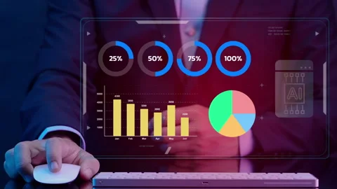 Businessman working with his computer, showing chart and graph icons Stock Footage 244759715