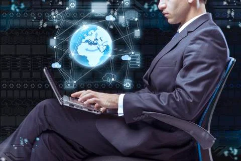 Businessman working with laptop in cloud computing concept Stockfoto's