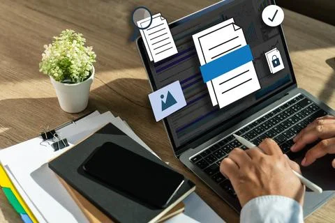 Businessman working with laptop computer document online in doc documents s.. Stock Photos