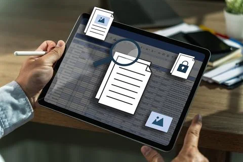 Businessman working with laptop computer document online in doc documents s.. Stock Photos