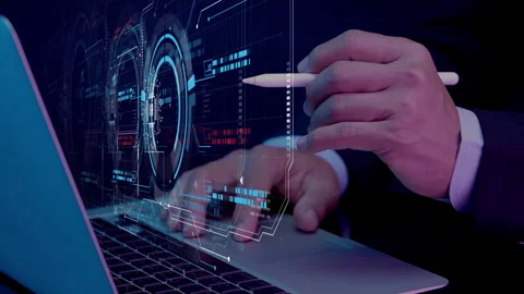 Businessman working with laptop computer, showing chart and graph icons Stock Footage 241511953
