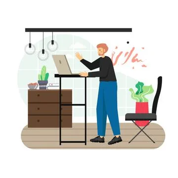 Businessman working on laptop computer while standing at high office desk, flat Stock Illustration