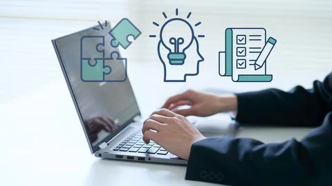 Businessman working with laptop for creative problem solving Stock Photos