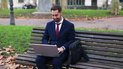 Businessman working on laptop next to briefcase on park bench in financial .. Stock Footage 293483658