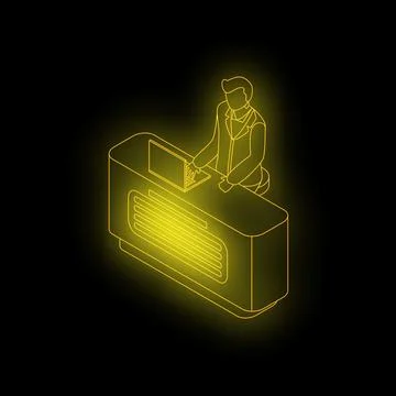 Businessman working on laptop at reception desk, neon office scene Stock Illustration