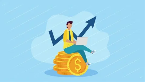 Businessman working on laptop while sitting on stack of gold coins with ris.. Stock Footage 339198100