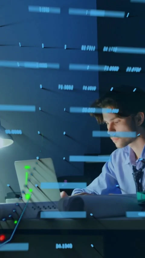 Businessman working late at desk with data processing animation overlay Stock Footage 344244790