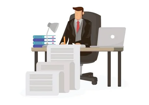Businessman working on a long document on his work desk. Stock Illustration