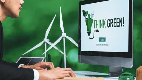 Businessman working in office developing plan on alternative energy. Gyre Stock Photos