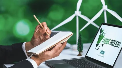 Businessman working in office developing plan on alternative energy. Gyre Stock Photos