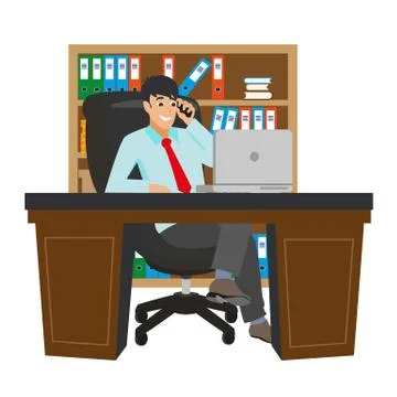 Businessman Working at Office Table. Flat Design Style. Boss with Workspace Stock Illustration