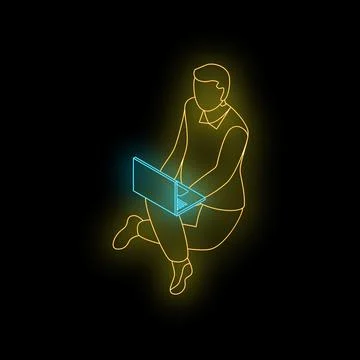 Businessman working remotely using laptop neon sign isometric projection イラスト素材