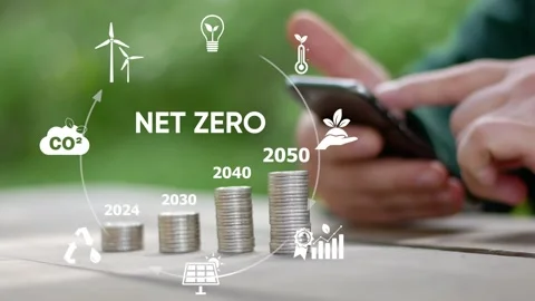 A businessman working on smartphone . Net zero concept, 2050 strategy.ESG en Stock Footage 263998621