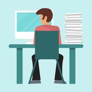 Businessman working at the table from the back vector illustration. Man at the Stock Illustration