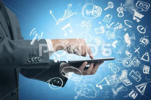 Businessman working with tablet and social media Stock Photos