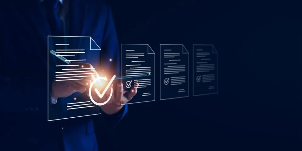 Businessman working with tablet. Checking mark up on the check boxes. Success Stock Photos