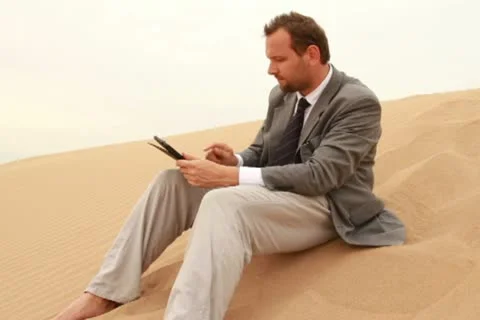 Businessman working on tablet computer in the desert Stockbeeldmateriaal 10839888