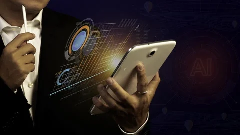 Businessman working with tablet, showing chart and graph icons Stock Footage 242102914