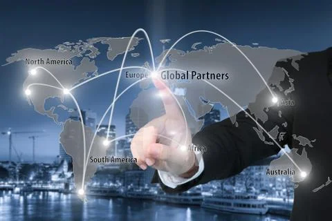Businessman working with virtual interface connection map of global partner c Stock Photos