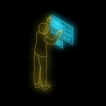 Businessman working with virtual neon interface, exploring data and informa.. Illustrazione stock