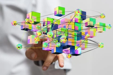 A businessman working with a virtual projection a cloud computing with differ Stock Photos