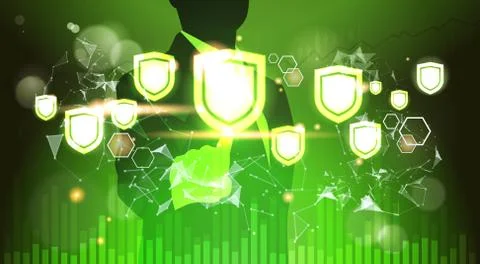 Businessman working with virtual shield panel graph GDPR data privacy background Illustrazione stock