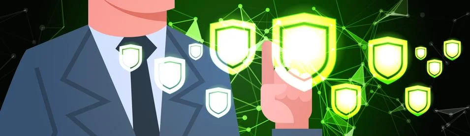 Businessman working with virtual shield panel GDPR data privacy background 库存插图