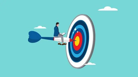 Businessman working while sitting on a dart stuck in a target board. work o.. 库存插图